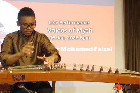 Voices of Myth is a live guzheng performance by Mohamed Faizal Mohamed Salim, presented within the exhibition Hidden in the Jungle